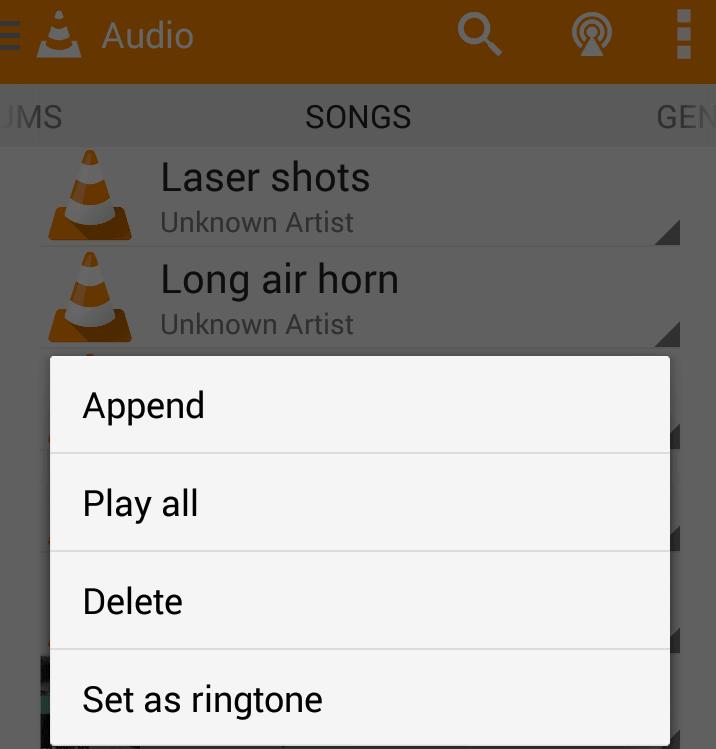 Long press on android VLC media file