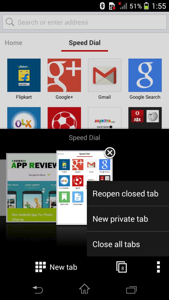 Private tab of browser