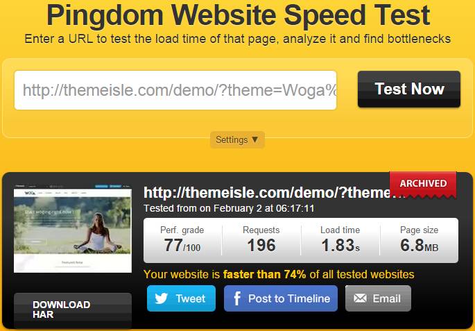 pingdom speed test of Woga