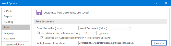 customize microsoft word 2016 autorecover