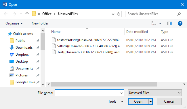 unsavedfiles folder to recover unsaved word document