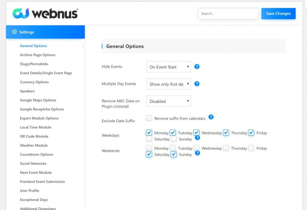 Modern Events Calendar settings