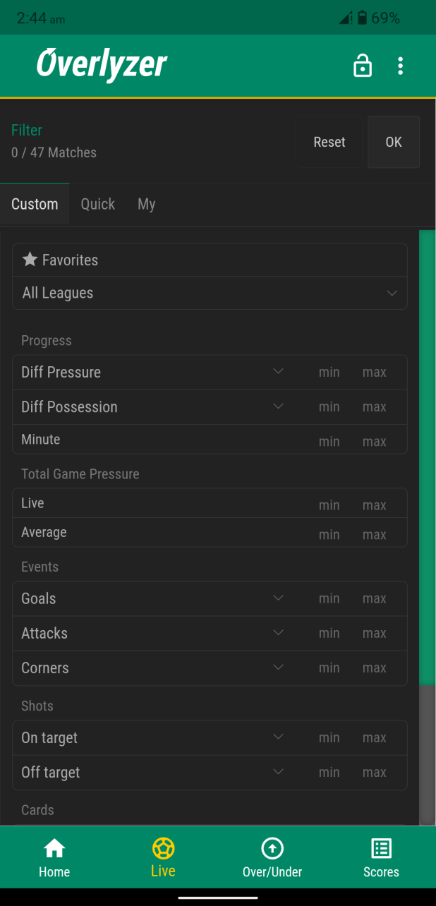 Overlyzer Football Predictions App Filters