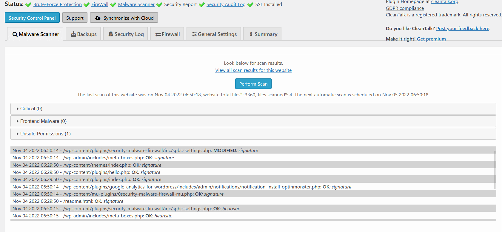 Security & Malware Scan by CleanTalk Dashboard