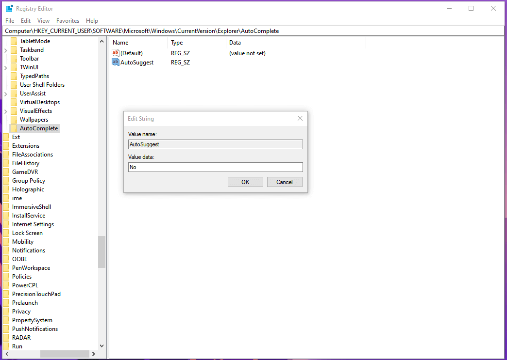 Disable AutoComplete Feature Registry Editor - 6