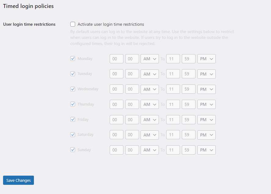 A screenshot of the timed login policies section