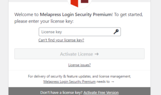 MelaPress login security activation page, prompting you to enter your license key.