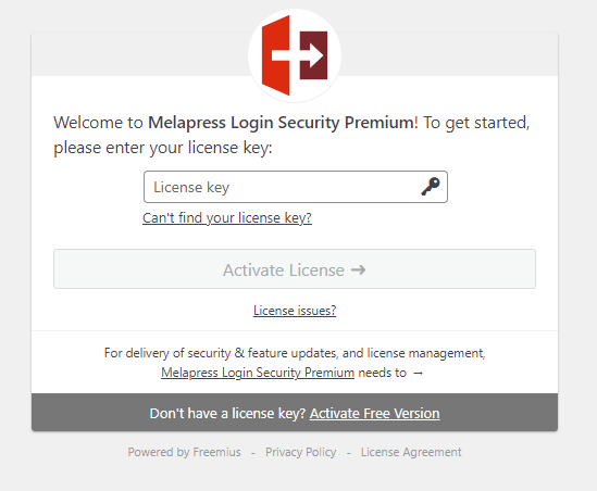 MelaPress login security activation page, prompting you to enter your license key.