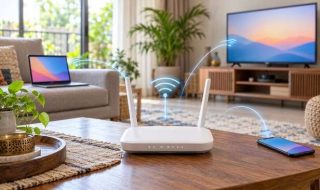 An unbranded Wi-Fi router connects household devices in a modern Indian home. Which Is Better, ACT Fibernet or JioFiber?
