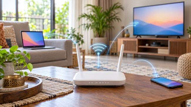 An unbranded Wi-Fi router connects household devices in a modern Indian home.